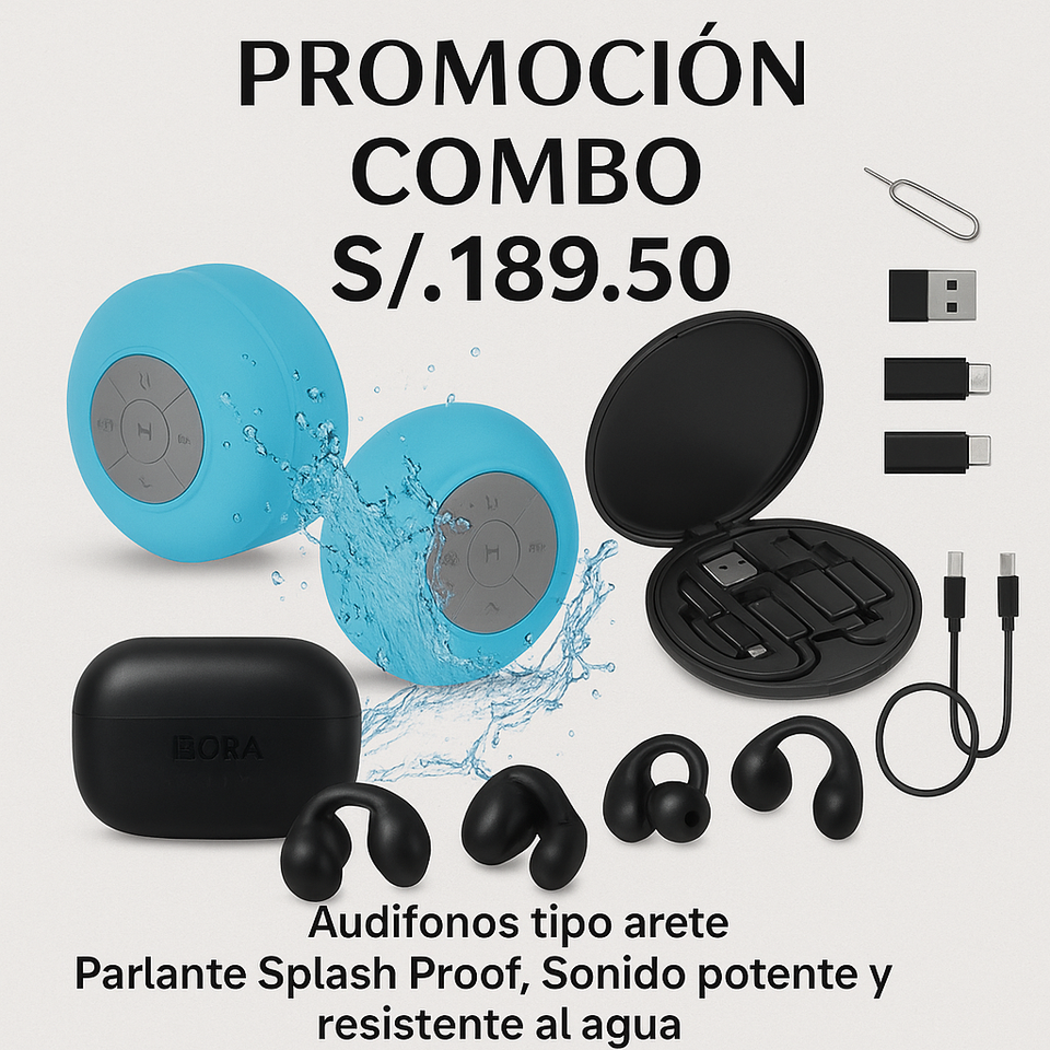 PARLANTE BLUETOOTH RESISTENTE AL AGUA+ AUDÍFONOS TIPO ARETE+ SET DE CABLES MULTIFUNCION